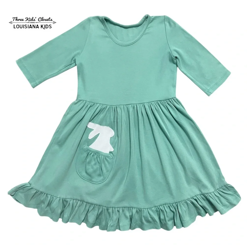Upper Looper 6Y Handmade Green Bunny Pocket Twirl Dress